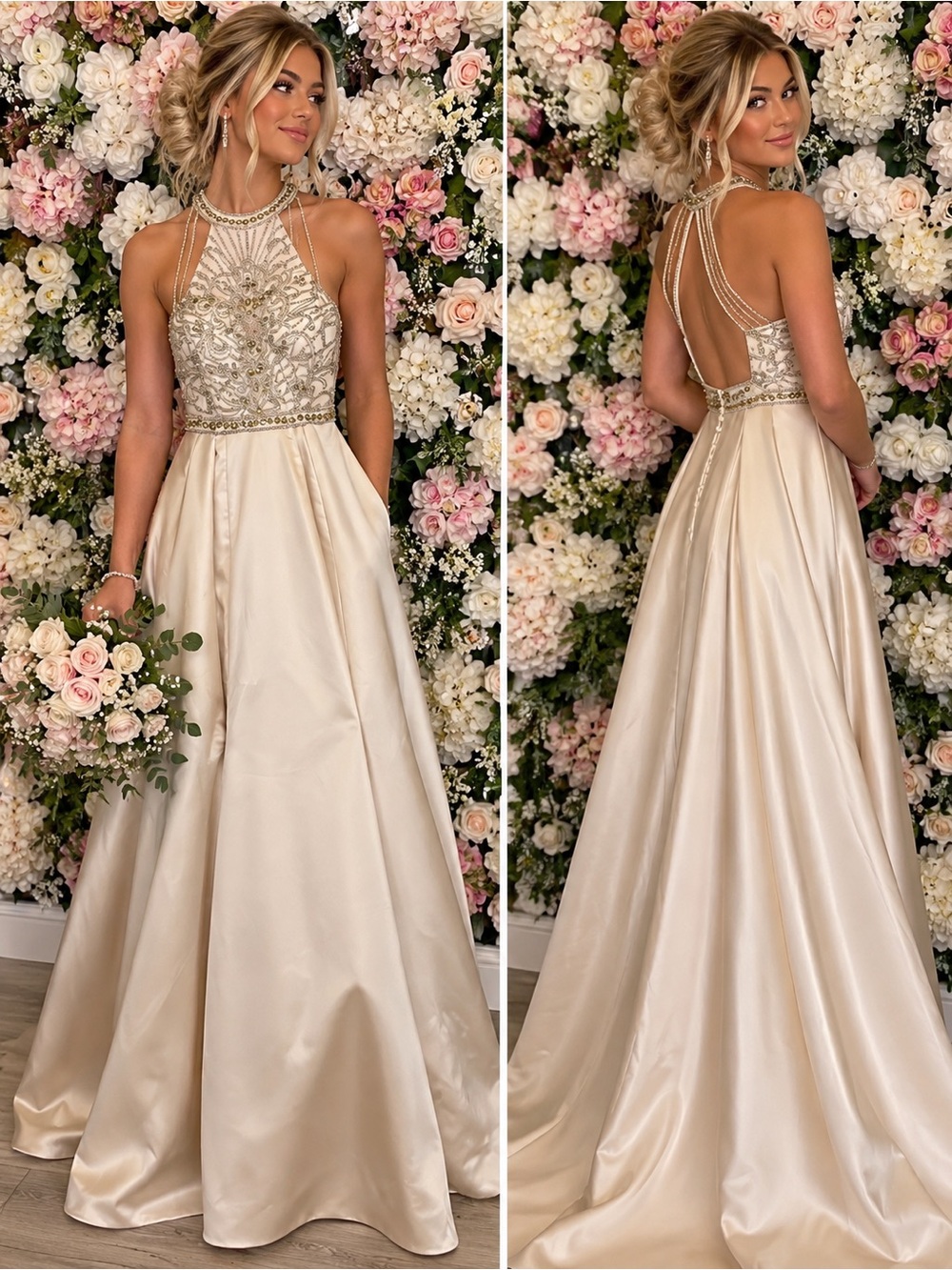 Rachel Allan Champagne Beaded Backless Halter Gown